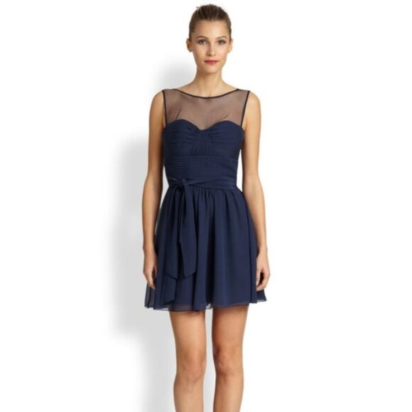 BCBG MAXAZRIA Dk. Navy 100% Silk Illusion Neckline Cocktail Dress Sz-10 NWT $338 - Picture 2 of 5